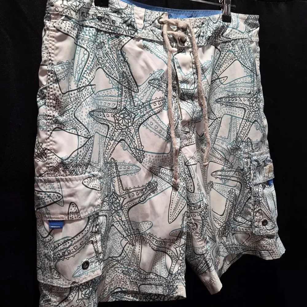 J. Crew Mens 33 Y2K Cargo Starfish Octopus Board Shorts Swim Trunks White Blue